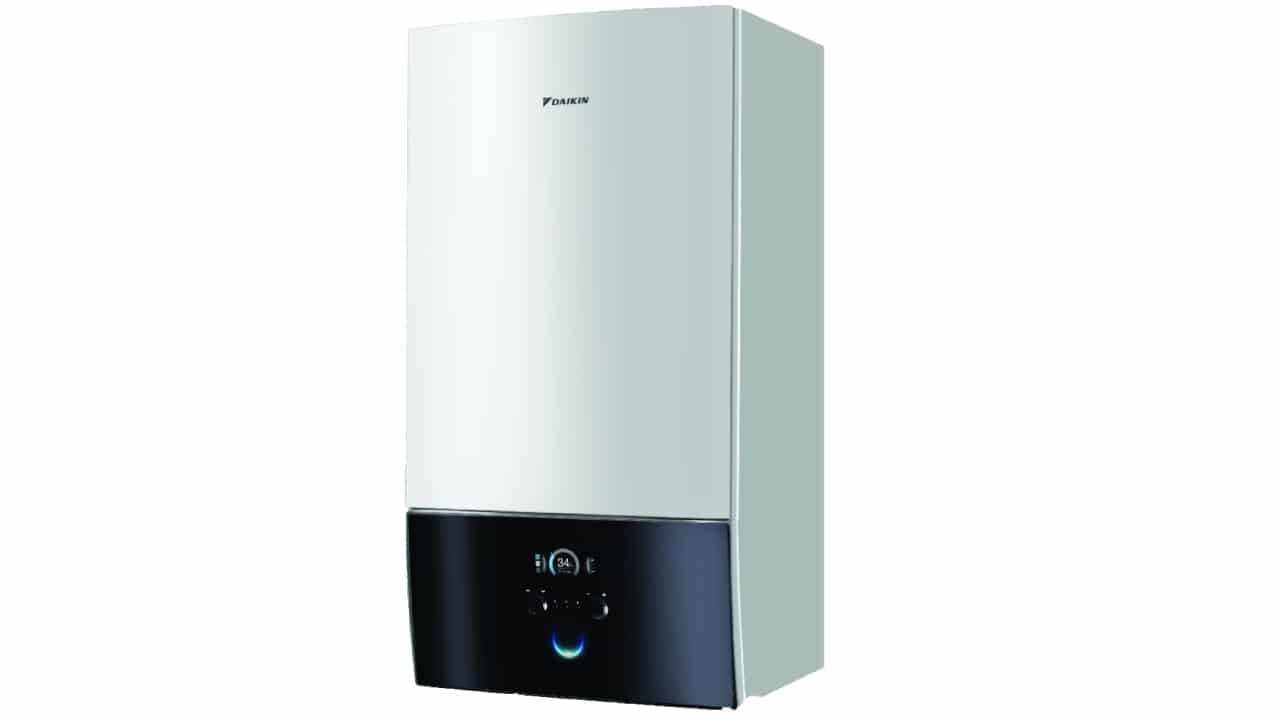 A wall-mounted Daikin Altherma 3 air source heat pump on a white background.