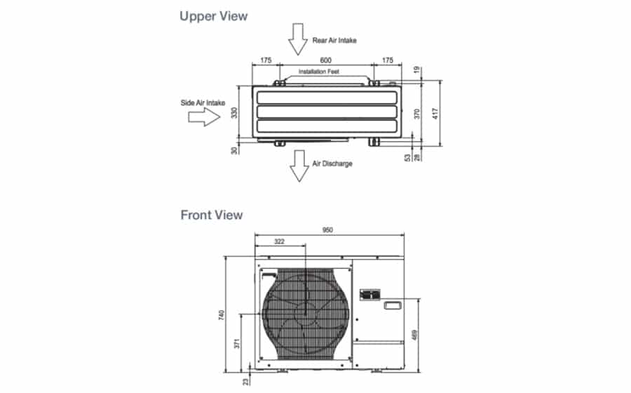 The dimensions of the Mitsubishi Ecodan Monobloc diagram