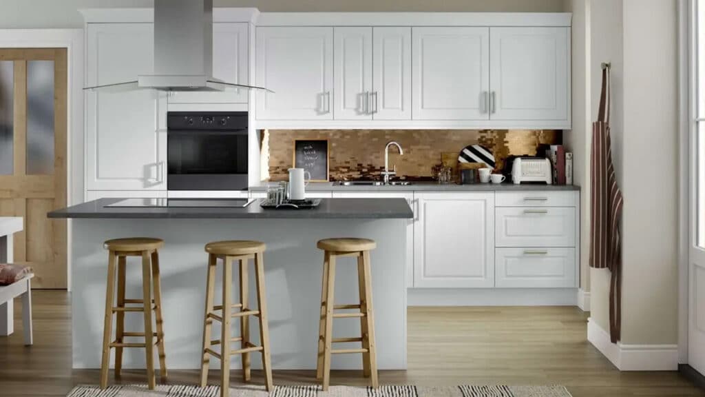 homebase fitted kitchen with island and white cupboard doors