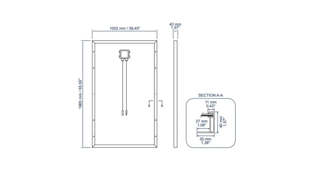 Technical drawing of showing Peimar solar panels dimensions
