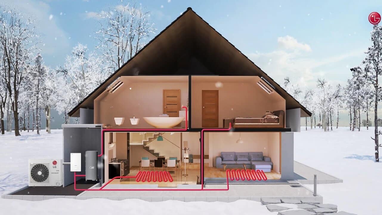 A diagram showing how the LG Therma V air source heat pumps provide heating and hot water for a house.